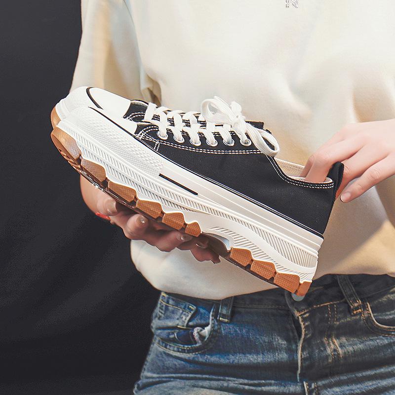 Women's Thick-Soled Canvas Shoes, Lifted Round-Toe Lace-Up, Classic All-Match, Spring/Summer Style 2801