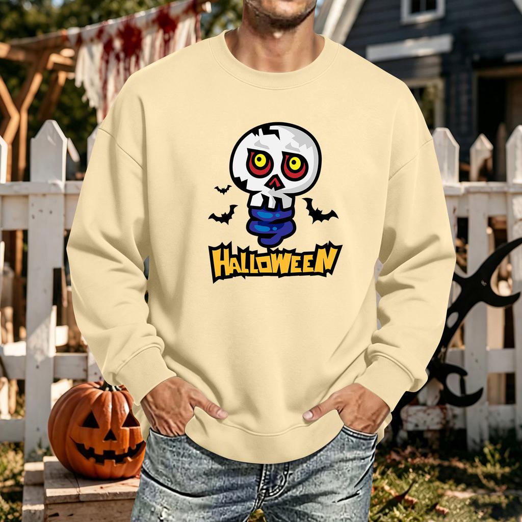 Men's Halloween Printed Long Sleeve T-Shirt Crewneck Casual Sports Top Unisex for Couples