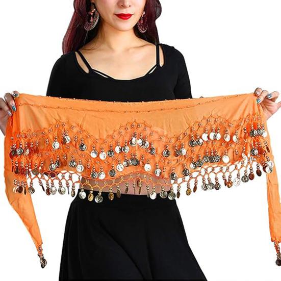 Belly Dance Hip Scarf Women Waist Scarf Belly Dance Skirt with 98 Golden Coins Knot Tying Hip Wrap for Dance Training Performance Beach Wear
