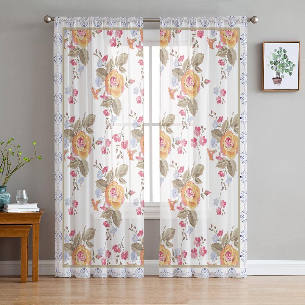 Cortina Transparente Dibujada a Mano con Líneas de Hojas y Flores Para Dormitorio, Cortina de Tul Voile Para Decoración de Cocina, Salón, Tratamiento de Ventana