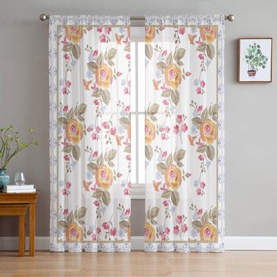 Cortina Transparente Dibujada a Mano con Líneas de Hojas y Flores Para Dormitorio, Cortina de Tul Voile Para Decoración de Cocina, Salón, Tratamiento de Ventana