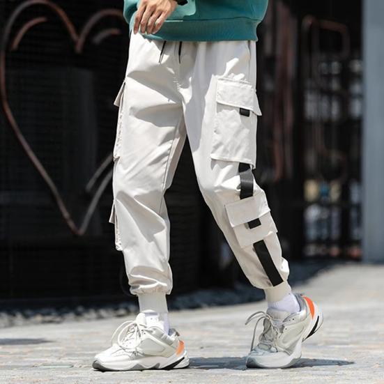 Herre Cargobukser Løse ankelbånd med snøring Elastisk midje Ensfarget multilommer Stroppdekor Fitness Streetwear Utendørs reisesportsbukser