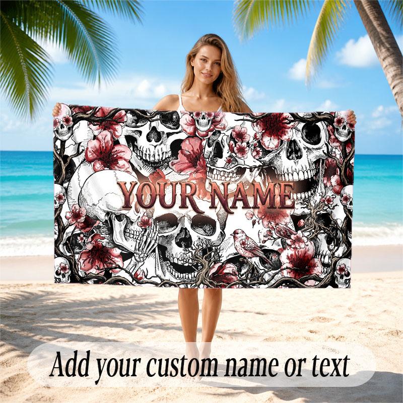 Skull Gothic Theme Beach Towel Personalized Custom Name & Text Soft Quick Dry Beach Towel for Swimming Travel