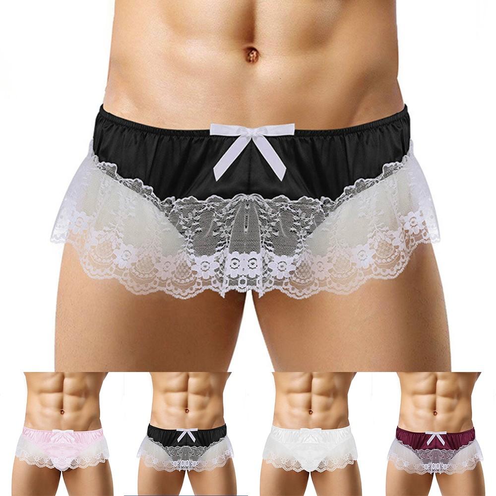 Men Sissy Lace See Through Panties Sexy Satin Thong Briefs Underwear