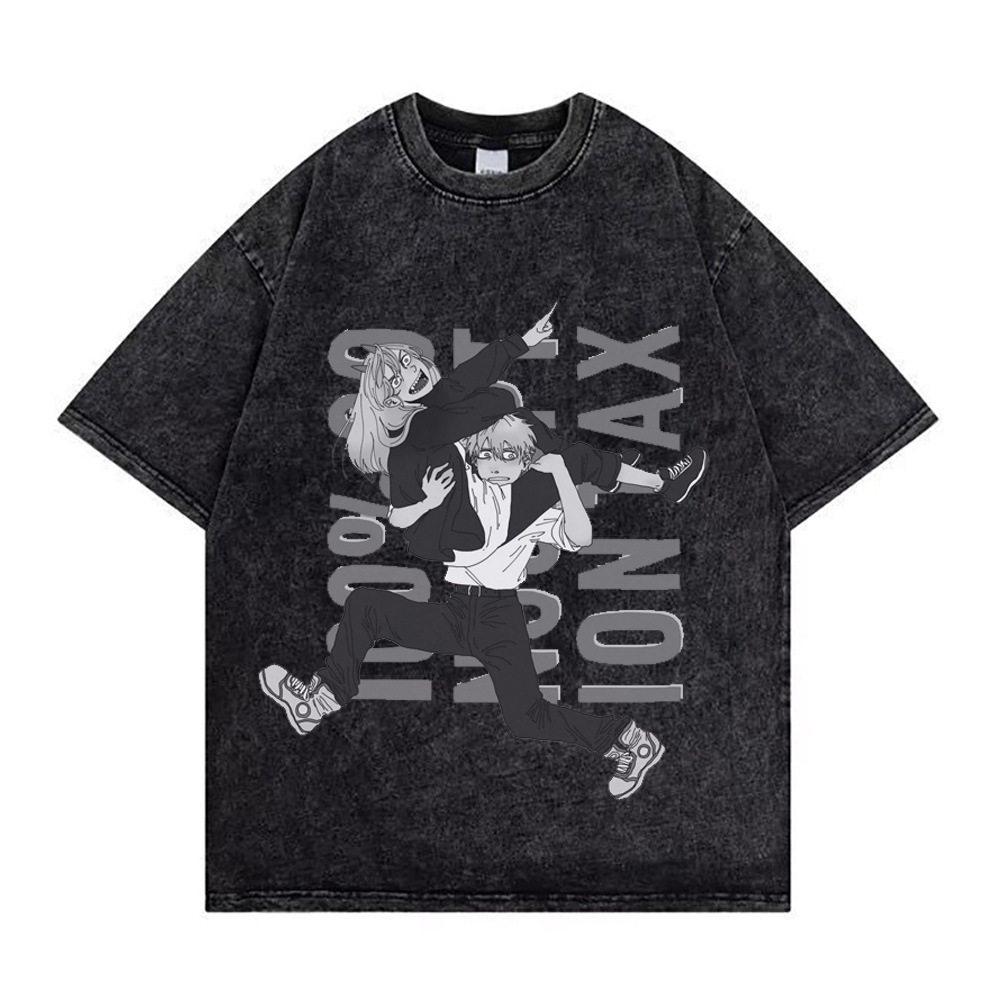 Chainsaw Man Denji Power Manga Panel Vintage Washed T Shirt  Summer Oversized Streetwear Anime Graphic Tee for Men Women