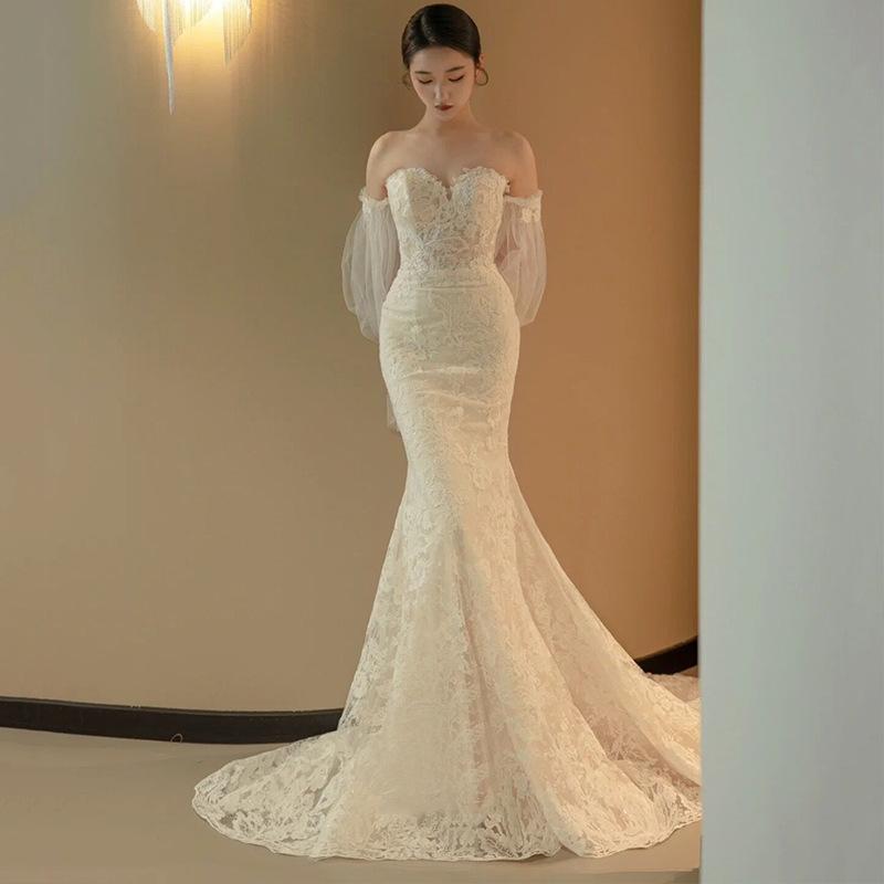 One-word Shoulder Lace Fishtail Light Wedding Dress Bridal Mori Tube Top Going Out Dress Super Fairy French Long-sleeved Trailing Dress Skirt