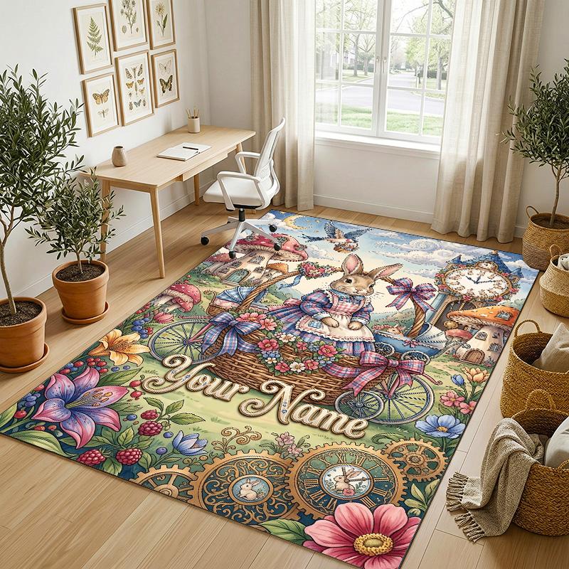 Easter Bunny Theme Crystal Velvet Rug Personalized Custom Name Text Soft Floor Mat Home Decor