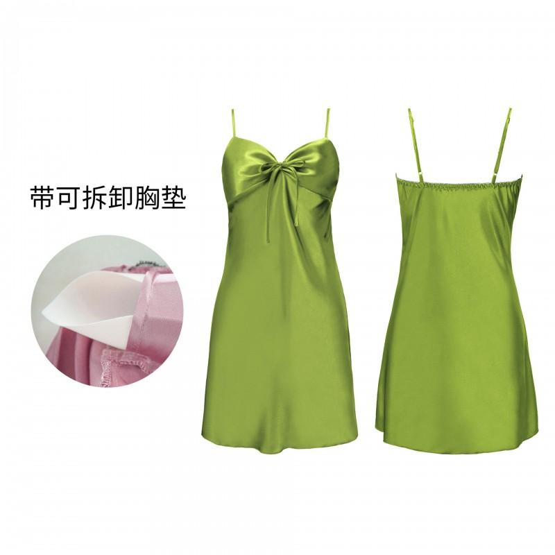 Womens Ice Silk Sleep Dress With Built-in Pads Backless Spaghetti Strap Nightgown Home Wear