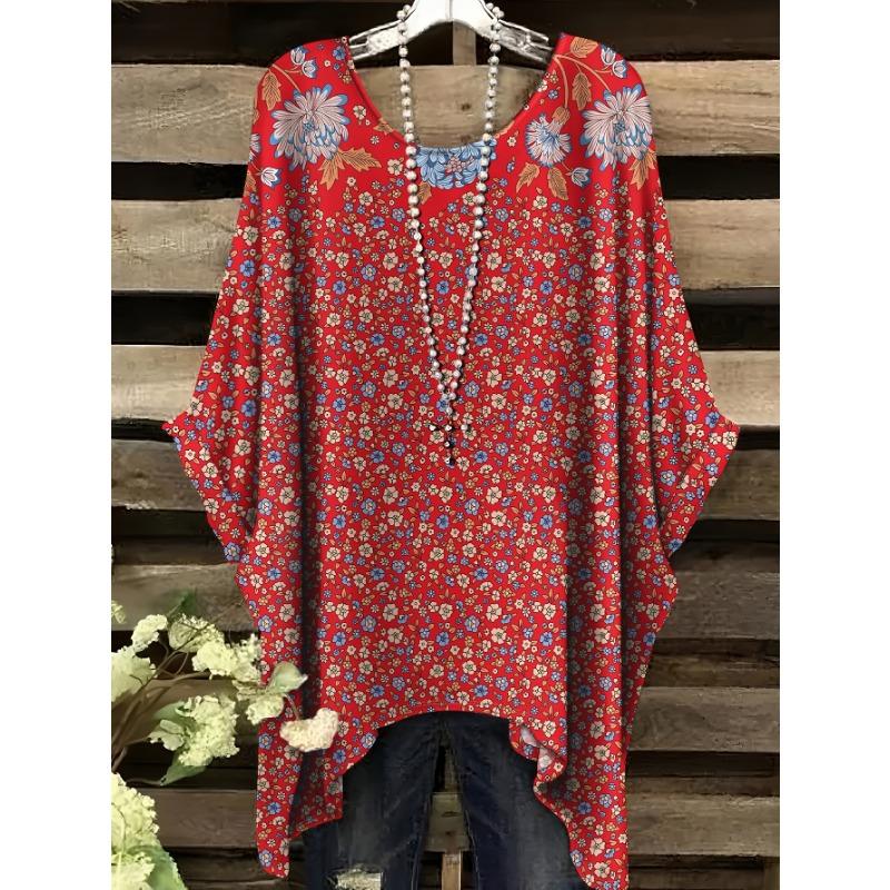 

Women s large size short-sleeved, small floral pattern all over printed T-shirt, casual and comfortable large size top 5XL