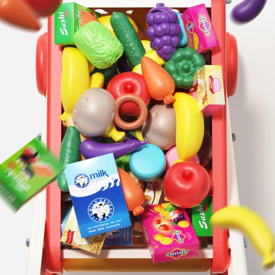 Carrinho de compras infantil de brinquedo com 25 acessórios para frutas, vegetais e alimentos, carrinho de compras de simulação, carrinho de compras de brinquedo