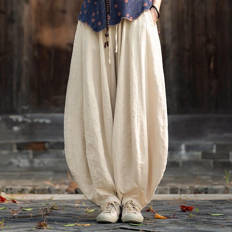 Johnature Women Vintage High Quality Bloomers Pants Solid Color Loose Autumn Trousers Elastic Waist Pants