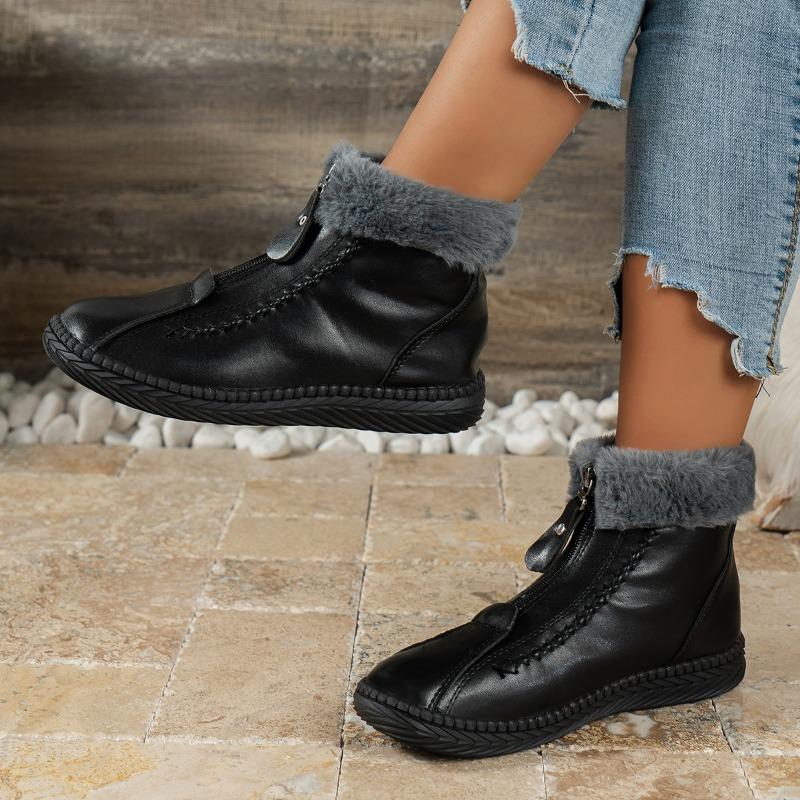 Fashion Mom's Cotton Shoes 2024 Winter New Fashion Waterproof Snow Boots Female Plush Warm Front Zipper Soft Sole Flat Women Ankle Boots