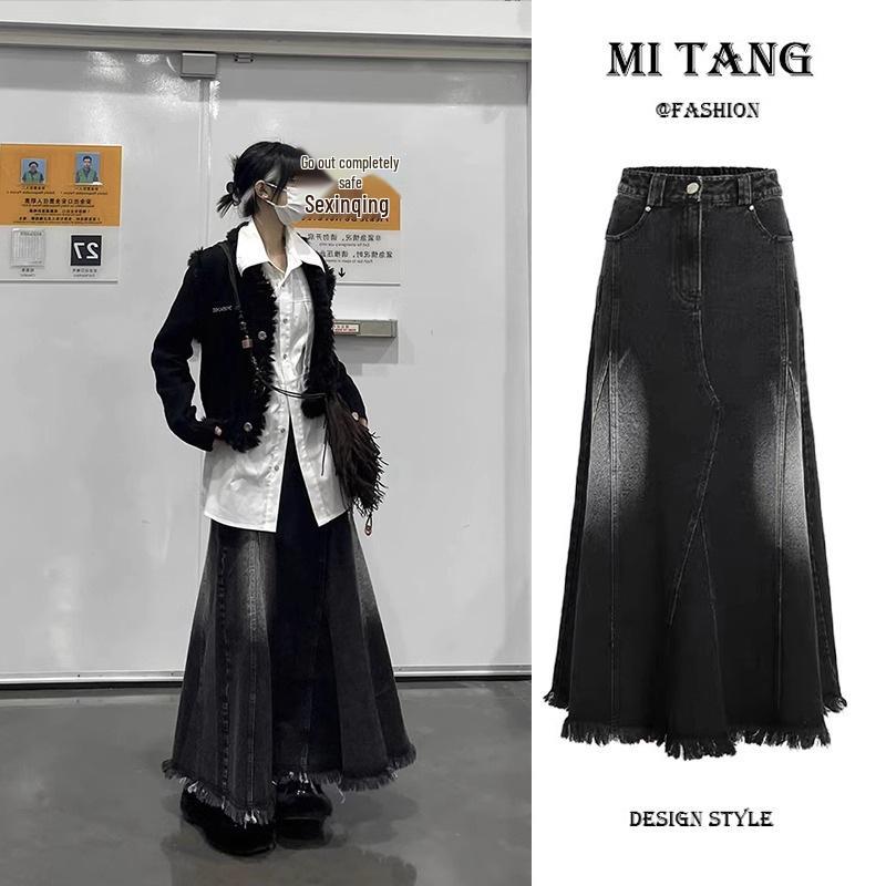 

Women s Black Denim Irregular Midi A-Line Skirt - Spring 2025 Collection S