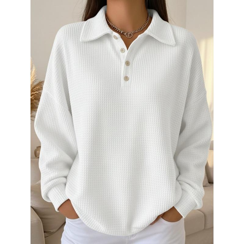 Loose Solid Color Turn Down Collar Waffle Long Sleeve Women Casual Polo Shirt