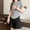 Damen Sommer Besticktes Slim-Fit T-Shirt mit Taillen- und Seitenfalten, Koreanischer Stil, Rundhalsausschnitt, Vielseitiges Baumwoll-Top