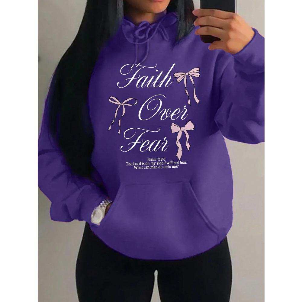 Pink Bow Faith Over Fear Printing Women Hoodies Pocket Loose Hoody Casual Fleece Y2K Hoodie Soft Woman Clothes