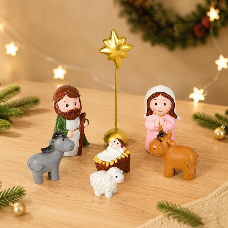 Holy Family Nativity Scene Figurine Set for Christmas Decors, Resin Cartoon Manger Scene Animals for Small Tabletop Space, Shelves, Mantels, Cabinets,