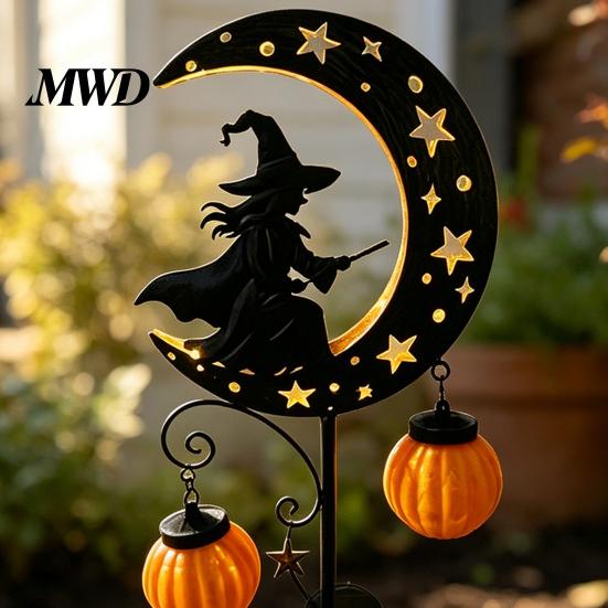 Automatic Light for Walkway Solar Halloween Witch Pumpkin Moon Garden Stake Light, Waterproof On Crescent Metal Yard Ornaments with Lantern,