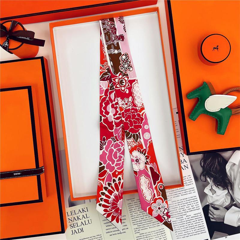 Brand Design Twill 100% Silk Scarf Luxury Print Flowers Scarf Women Foulard Skinny Bag Scarves New Hot Neckerchief Hair Headband