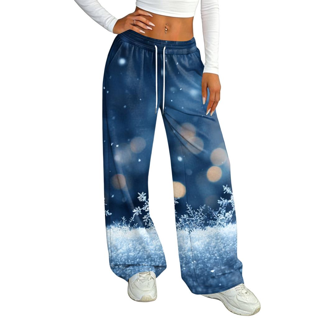 Women's Casual Christmas Print Loose Fit Straight Leg -Lined Pants with Elastic Waist for Winter