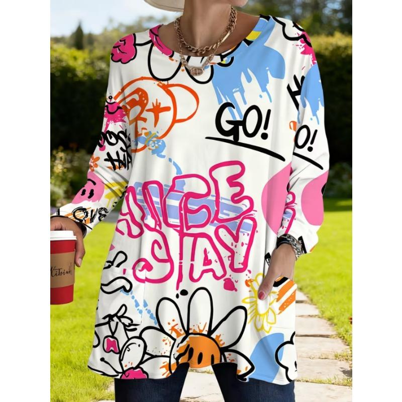 Women's long-sleeved round-neck T-shirt, suitable for spring, autumn and winter seasons. It has pockets and print designs. machine washable.