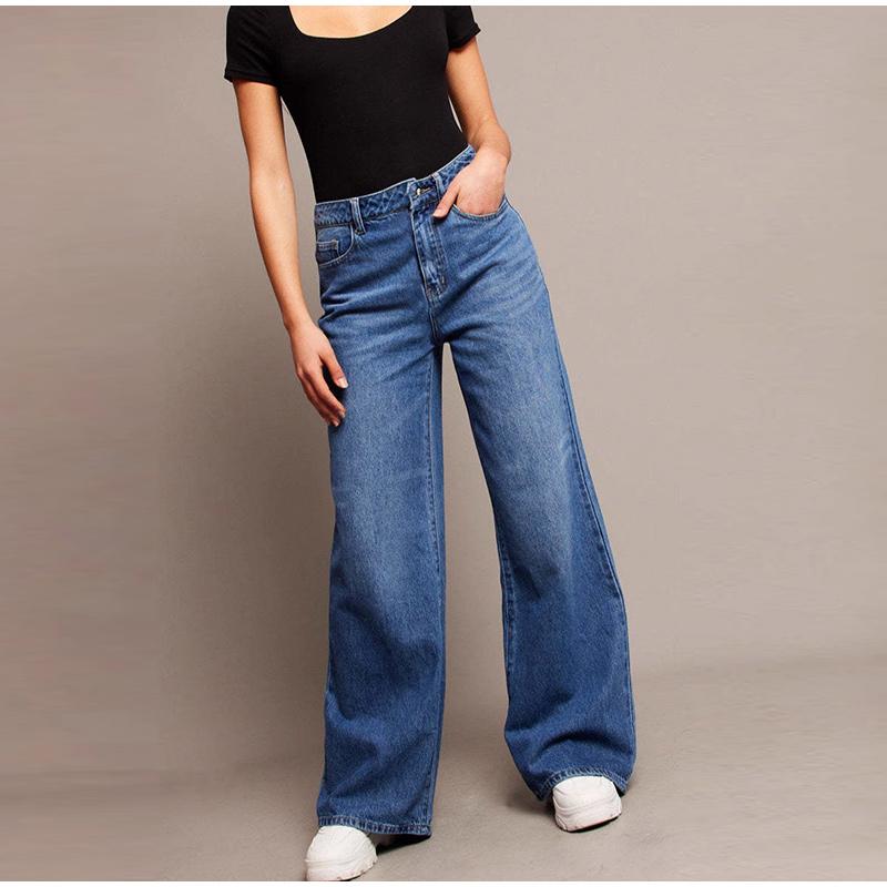 

Модные винтажные свободные прямые джинсы с высокой талией, однотонные джинсы клеш с драпировкой 2025 года, брюки длиной до пола для женщин 2XL синий