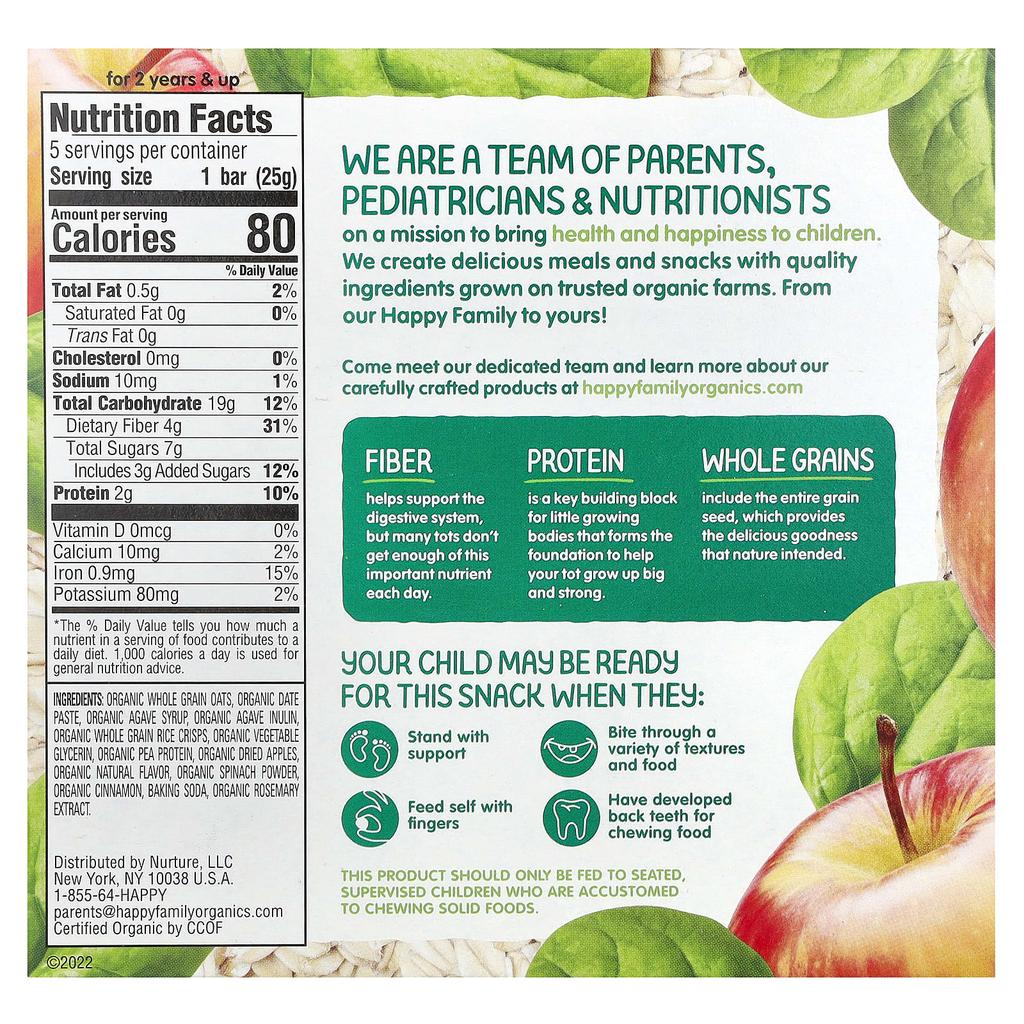 Happy Family Organics Happy Tot, Fiber and Protein Oat Bars, Gluten-Free, Ages 2+, Organic Apple and Spinach, 5 Bars, 0.88 Oz (25 G) Each