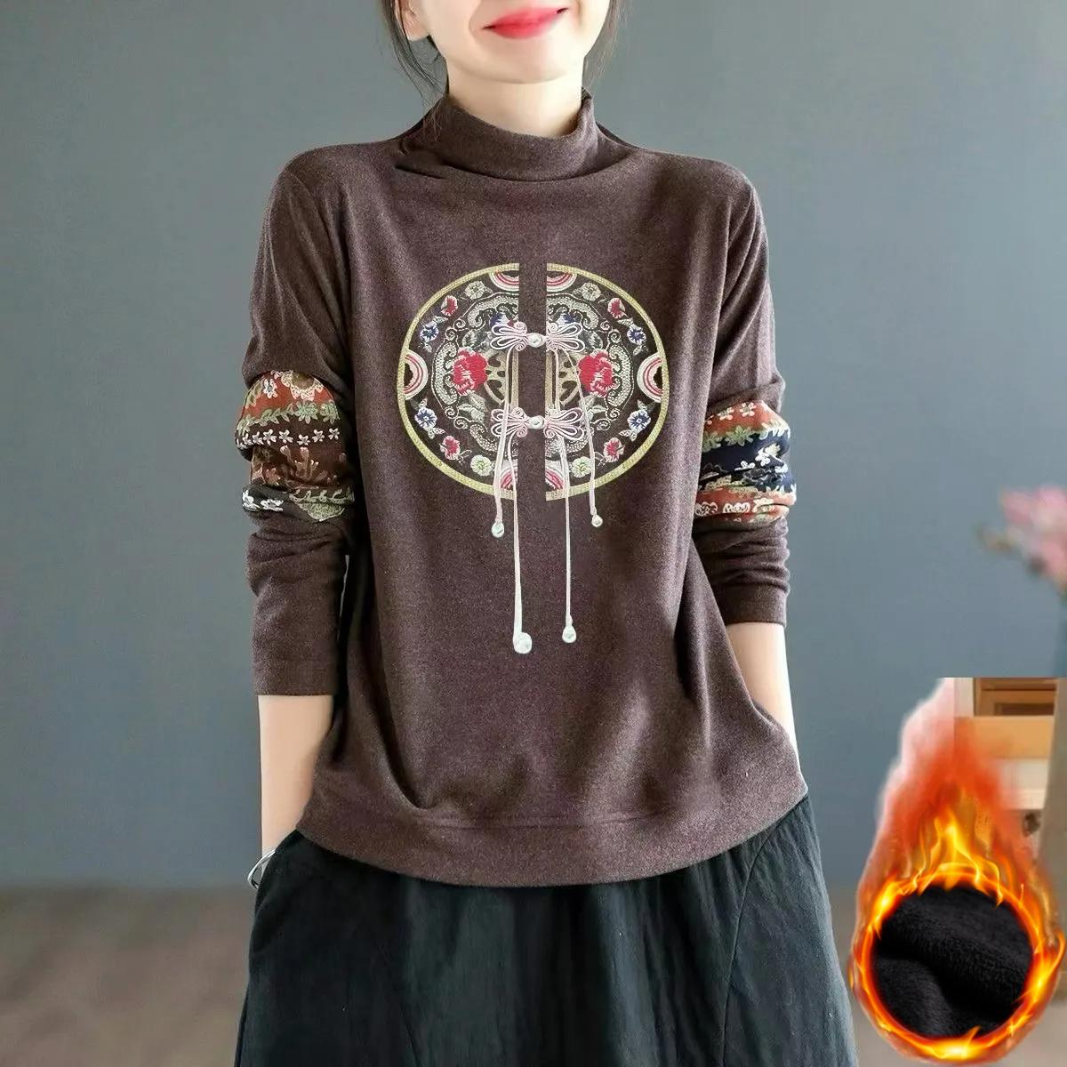 

Двосторонній німецький оксамит плюс оксамит теплий з довгими рукавами червоний з високим горлом вільний ретро етнічний друкований верх XXXXL кавовий