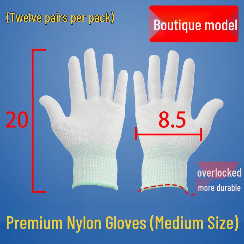 Ultra-Thin Nylon Breathable White Work Gloves - Skin-Friendly, Non-Slip, Elastic, Wear-Resistant.