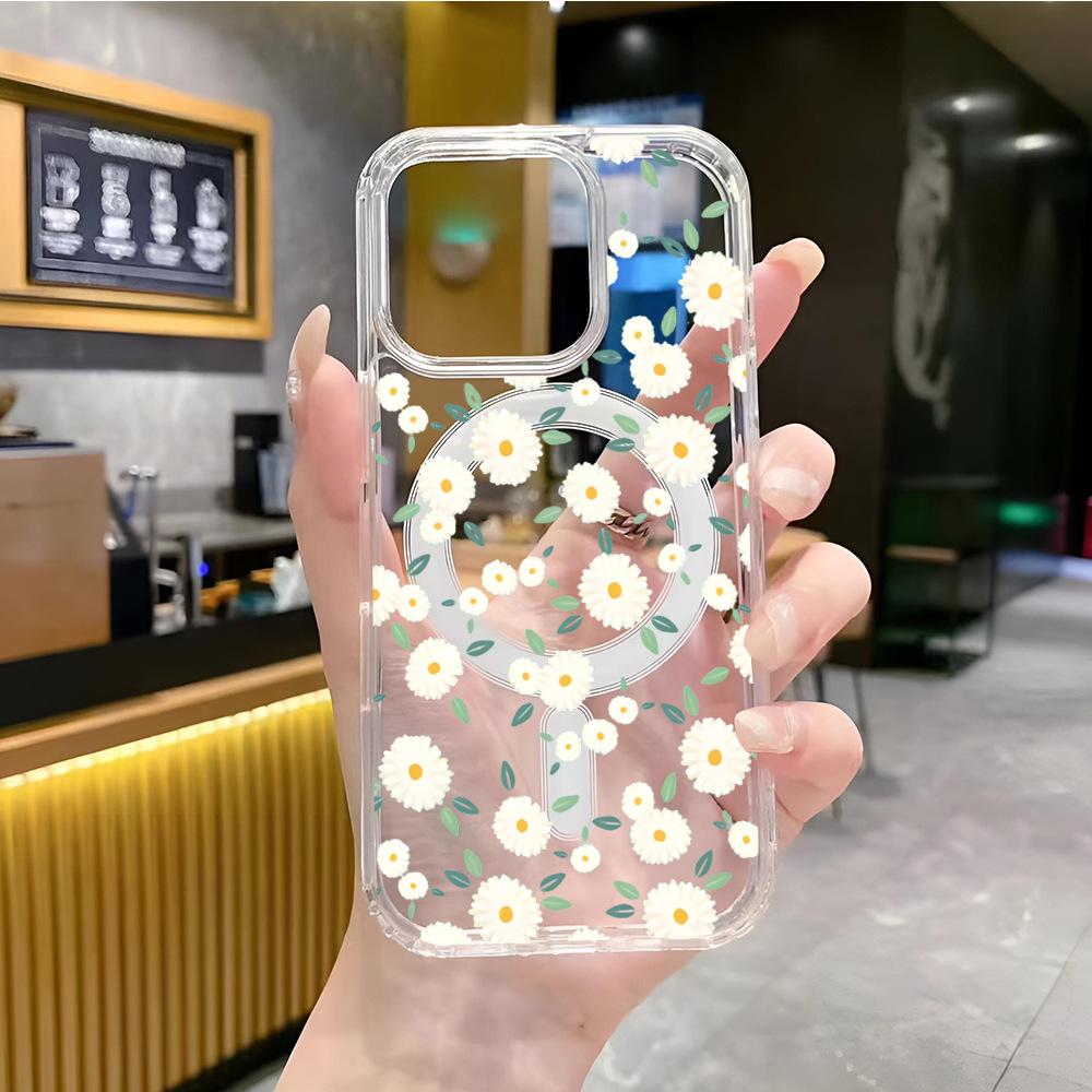 Fresh little daisy MagSafe magnetic mobile phone case iPhone12 anti-drop transparent Apple 17Pro fashion women's model