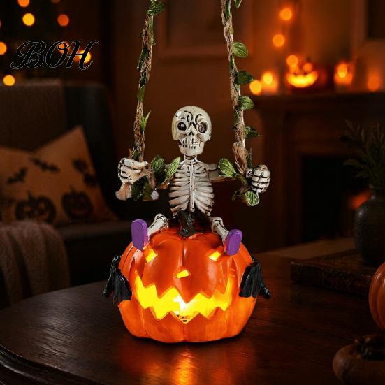 Halloween Skeleton Ornament Swing with Lighted Pumpkin, Light-up Ornament, Figurine Hanging Statue for Indoor Front Porch Decor Resin Bone