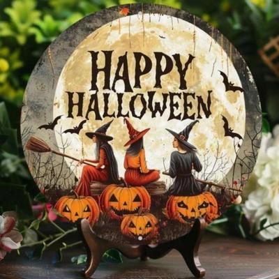 Metal Wall Decor Witch Themed Round Wreath Halloween Design