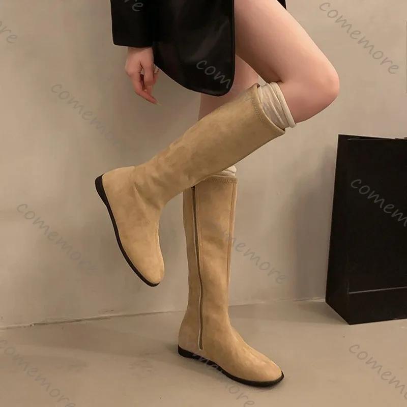 Boots for Women Quality Soft Leather Boots Side Zip Knee High Boots Fashion Suede Casual Flat Bottom Booties Lady Slim Long Boot
