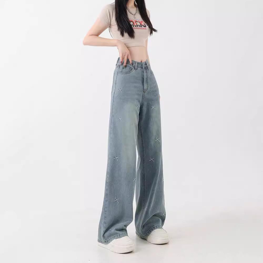 Damen Wide-Leg Jeans mit leichter Stickerei, hoher Taille - Übergröße, Slim Fit