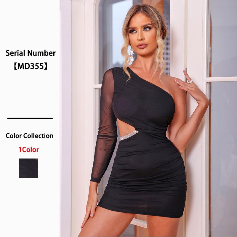 European and American new one-shoulder sequined hip-wrapped short skirt women s dress sexy slim women s fashion party dress XS чёрный