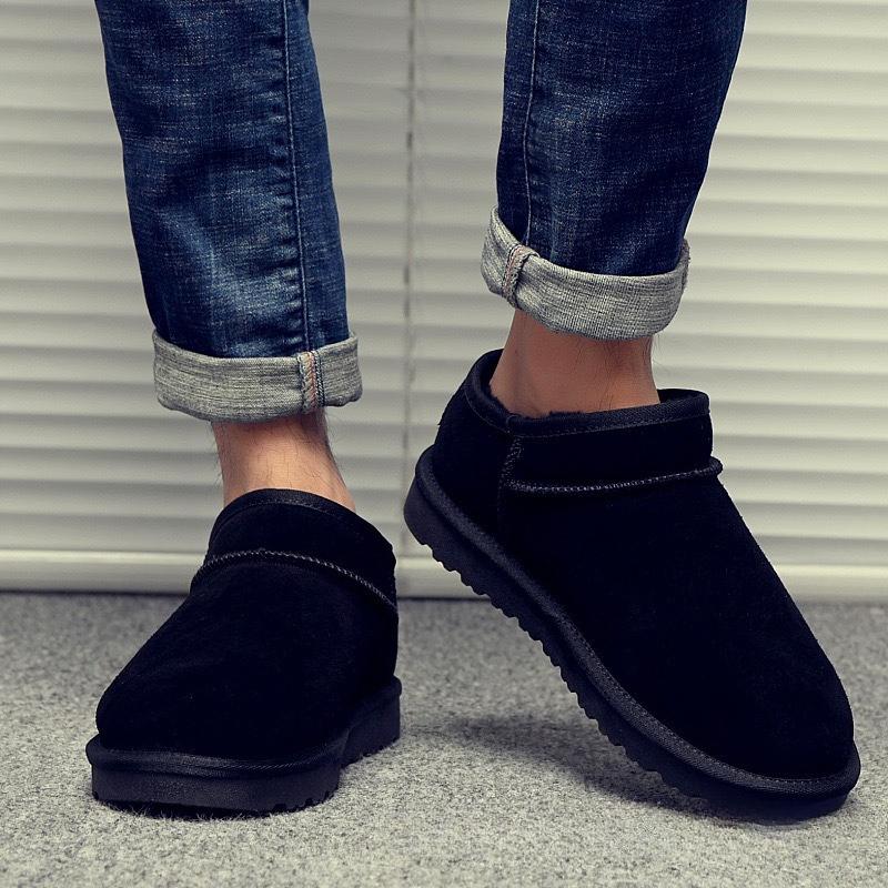 Winter Men's Platform Snow Boots Solid Color Indoor Slippers Cow Suede Leather Outdoor Comfy Sheep Fur Lined Short Ankle Boots