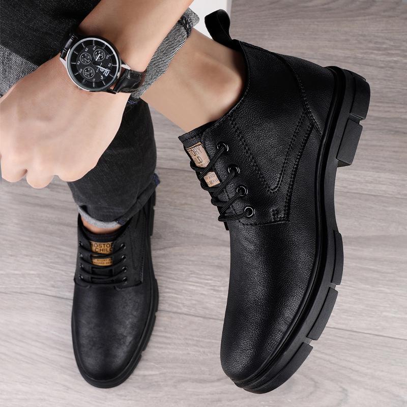 Men's Black Fleece-Lined High-Top Martin Boots - British Style, Plus Size, Autumn/Winter.