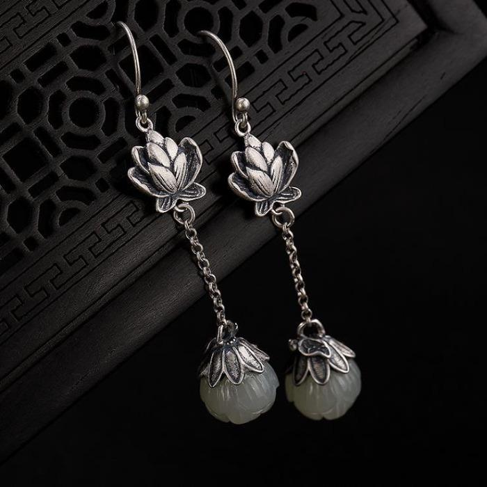 Original Natural Hetian White Jade Lotus Long Earrings Chinese Retro Light Luxury Charm Women's Brand Jewelry
