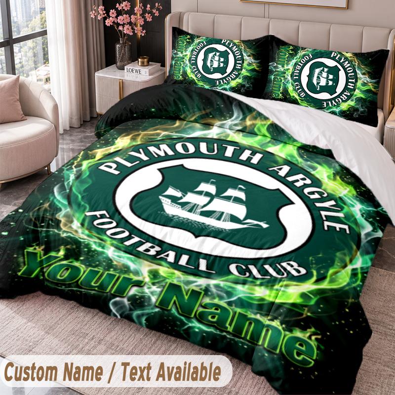 Plymouth Argyle FC Printed Bedding Set Custom Name Text 1 Duvet Cover 2 Pillowcases For Bedroom