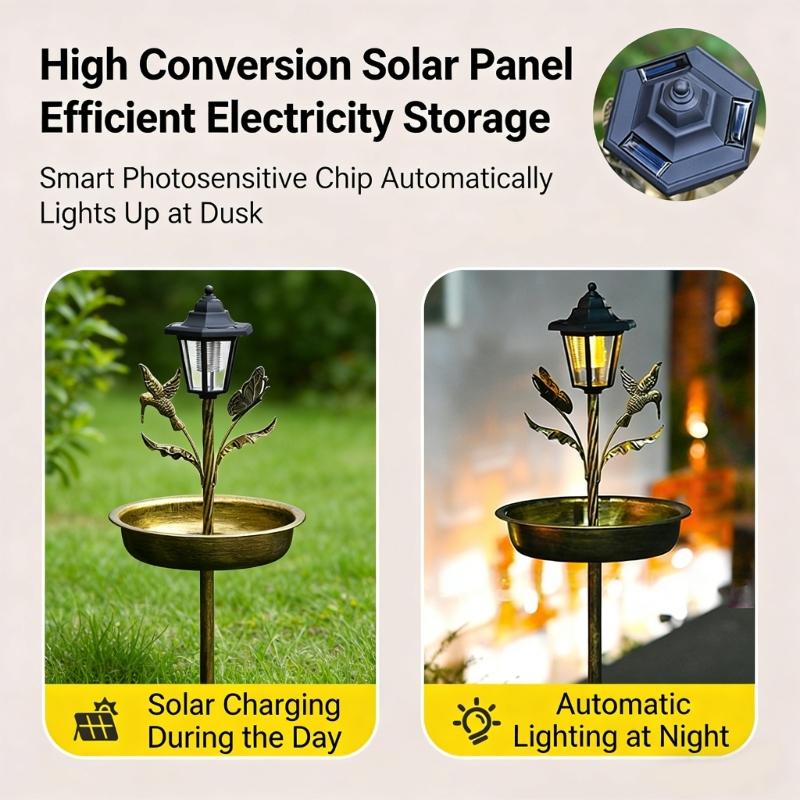 Durable Iron Sun Powered Bird Water Dish With LED Lights For Outdoor Decoration And Wildlife Viewing Day And Night