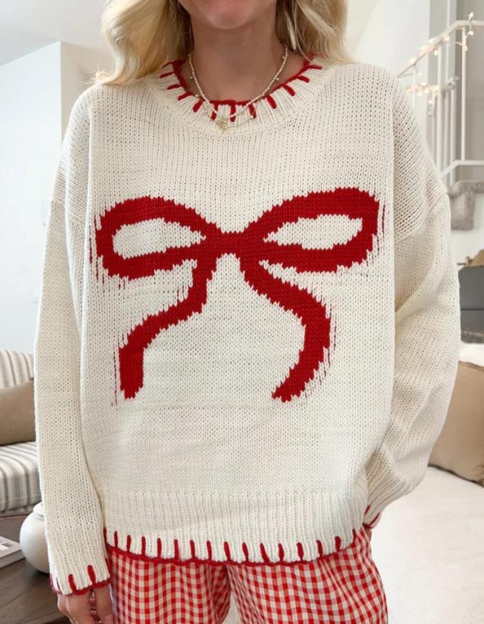 Women's bow-tied jacquard sweater autumn and winter lazy wind loose warm and comfortable jumper knitted sweater