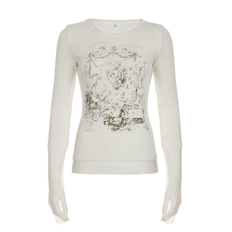 

Rockmore [Street Retro] Pure Desire Lace Patchwork Fake Two-Piece Long Sleeves T-shirt Features Print Tops Fashion White S