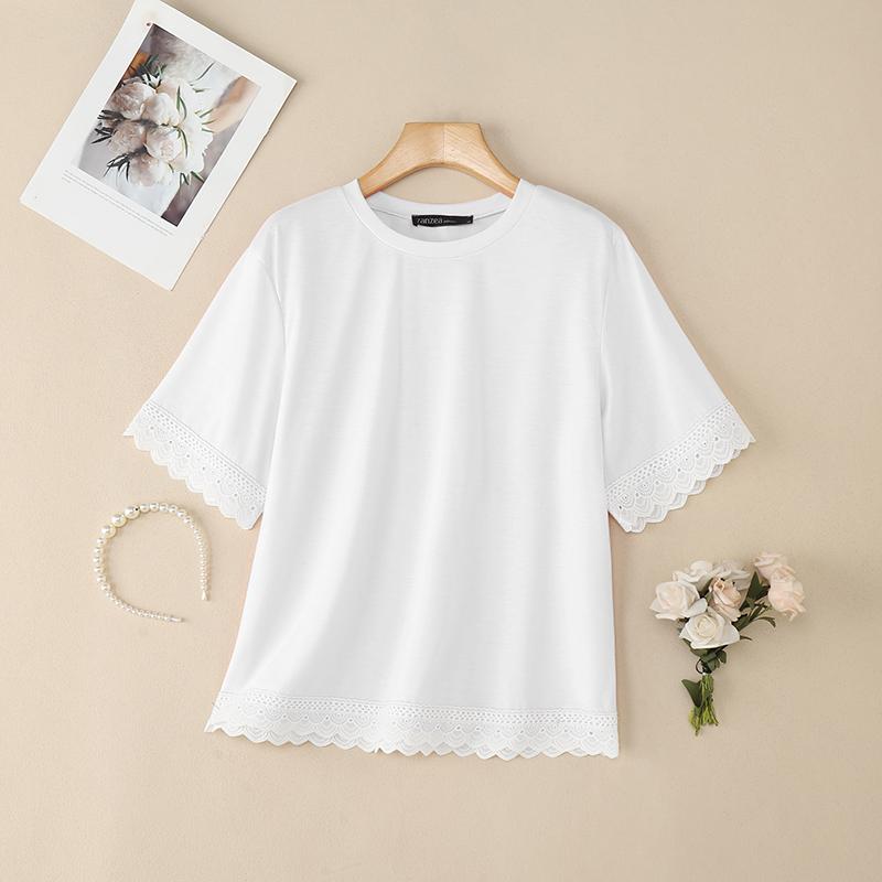 ZANZEA Damska codzienna bluzka z okrągłym dekoltem, koronkowymi wstawkami i krótkim rękawem