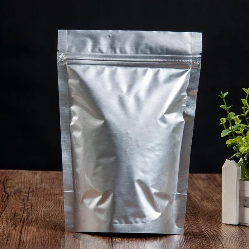 50 Stück silberfarbene Beutel aus Aluminiumfolie, wiederverschließbar, matt, stehend, für Lebensmittelverpackungen, selbstversiegelte Plastikbeutel mit Reißverschluss und breitem Boden