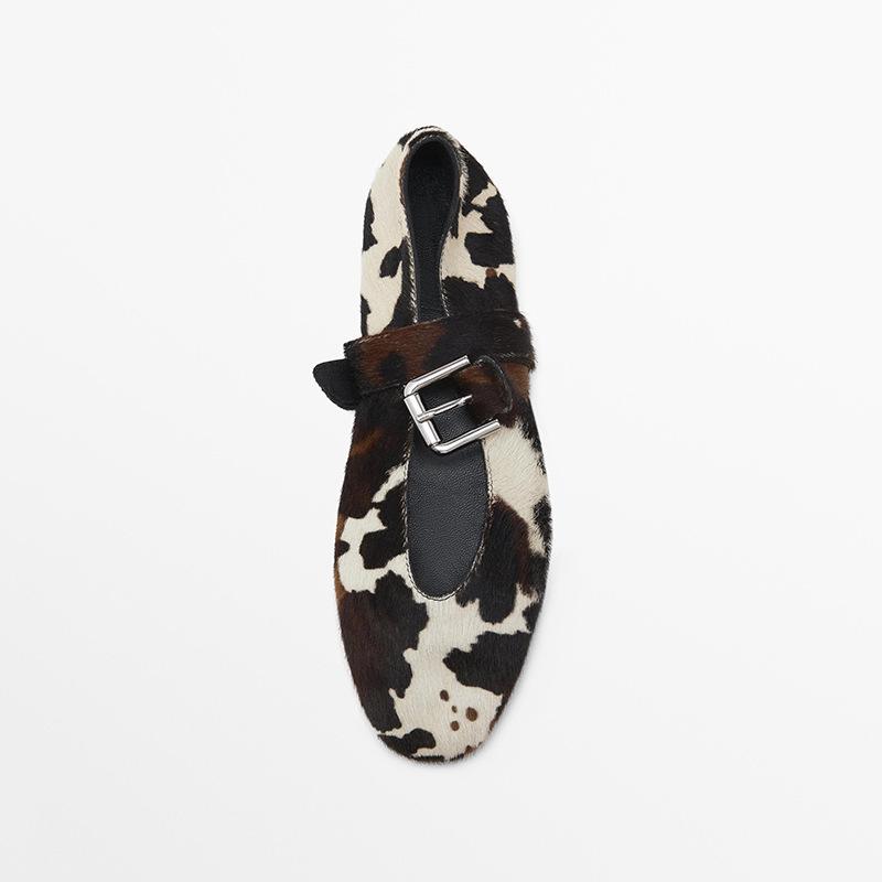 MD  Shoes New Leather Flat Shoes Leopard Print Horse Hair Mary Jane Shoes Comfortable Fashion Ballet Shoes