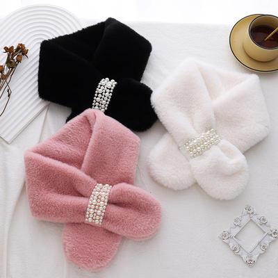 Women's Pearl Scarf: Plush Winter Otter Fur, Thick, Warm, Fashionable, Korean Style, Solid Color Neck Scarf