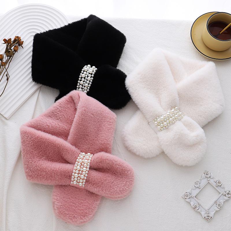 Korean Style Thick Plush Pearl Scarf for Women - Imitation Otter Fur, Warm Winter Fashion, Solid Color