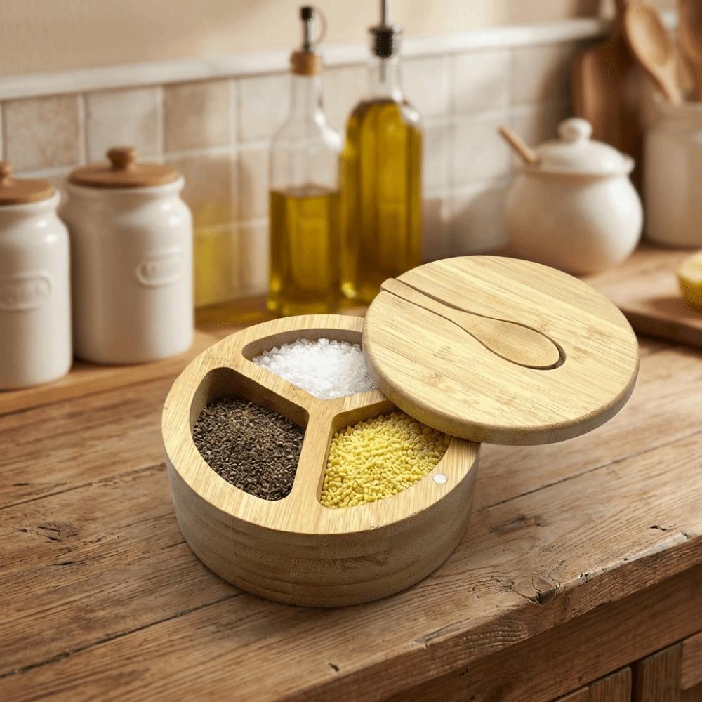 Multifunctional Bamboo Condiment Container Swivel Lid Kitchen Condiment Pots  Kitchen Organizer