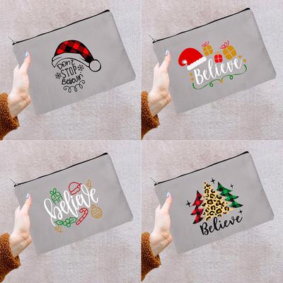 Christmas Hat Believe Print Cosmetic Zipper Bags Christmas Party Toiletries Storage Makeup Pouch Ladies Casual Travel Organizer