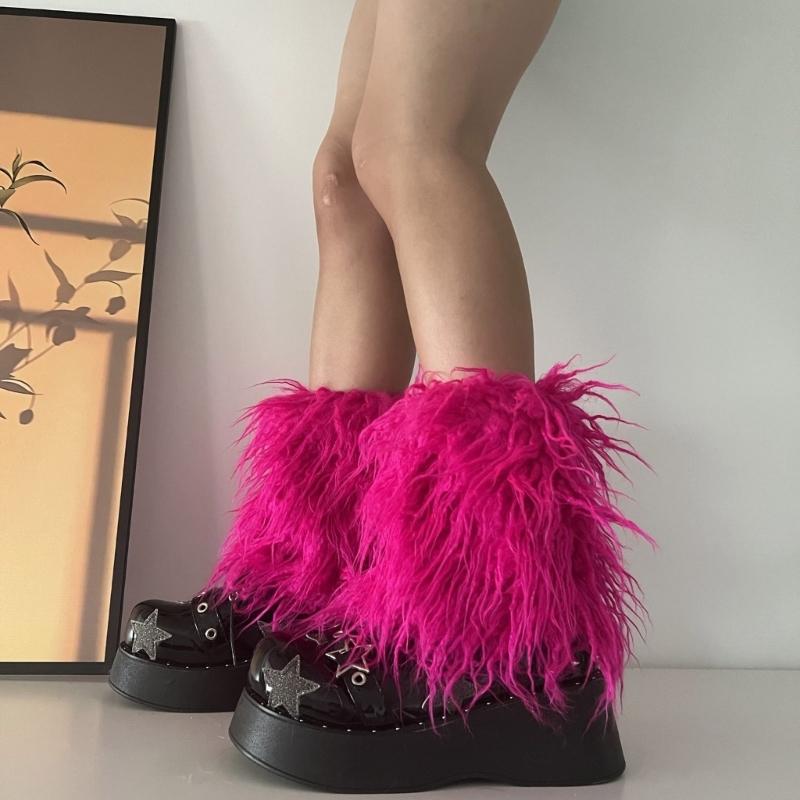Fuzzy Faux Furs Leg Warmers Furs Heels Long Boots Cuffs Cover Has Elastic One Pair Carnivals Boot Cover Y2K JK Uniform